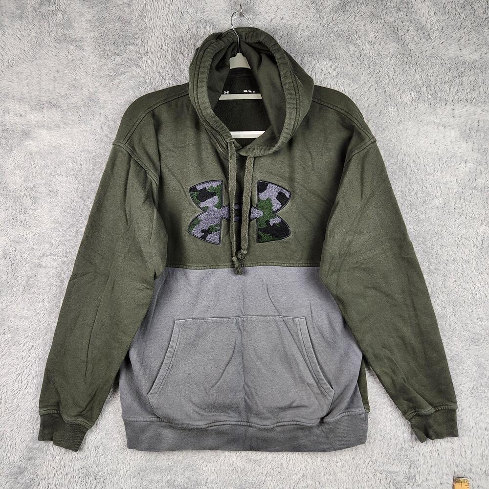 Under Armour Hoodie Mens Medium Green Gray ColdGear Camo Flocked Logo Pullover